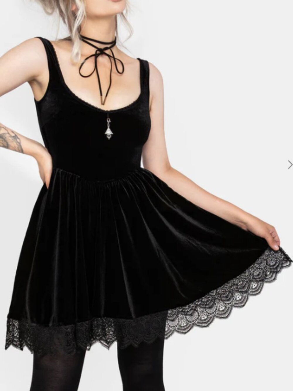 Disturbia Orbweb Lace Hem Velour Mini Dress Black US 10 / UK 14